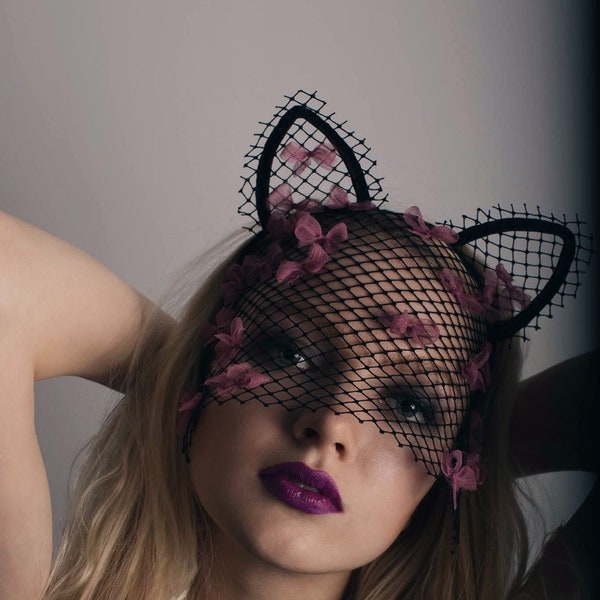 SILK KITTEN cat mask with net veil and natural silk ribbons in pink