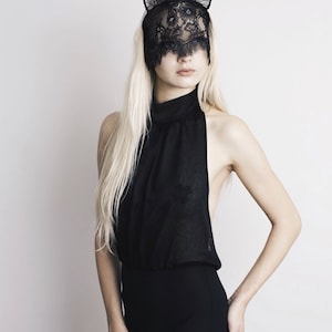 UNDER MY VEIL black lace cat mask with veil and ears image 3