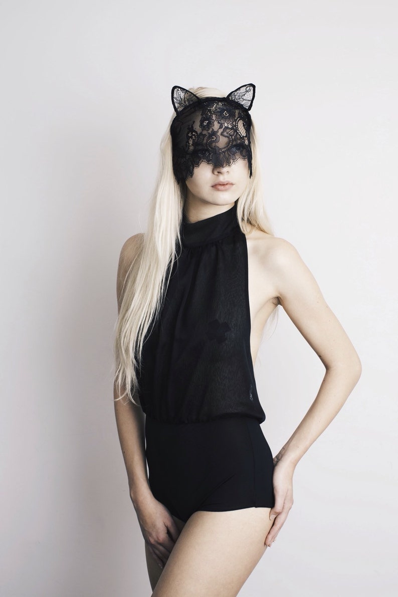 UNDER MY VEIL black lace cat mask with veil and ears image 3