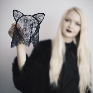 UNDER MY VEIL black lace cat mask with veil and ears image 2