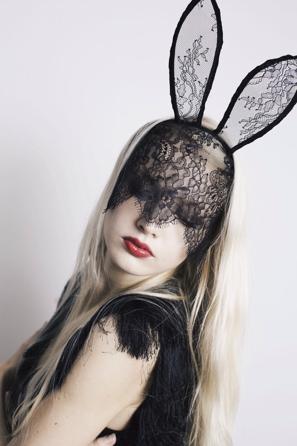 MIDNIGHT BUNNY Black Lace Bunny Mask With Veil and Tall Ears  display picture 1