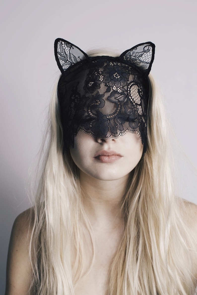 UNDER MY VEIL black lace cat mask with veil and ears image 1