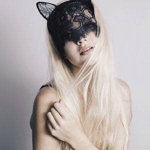 UNDER MY VEIL black lace cat mask with veil and ears image 4