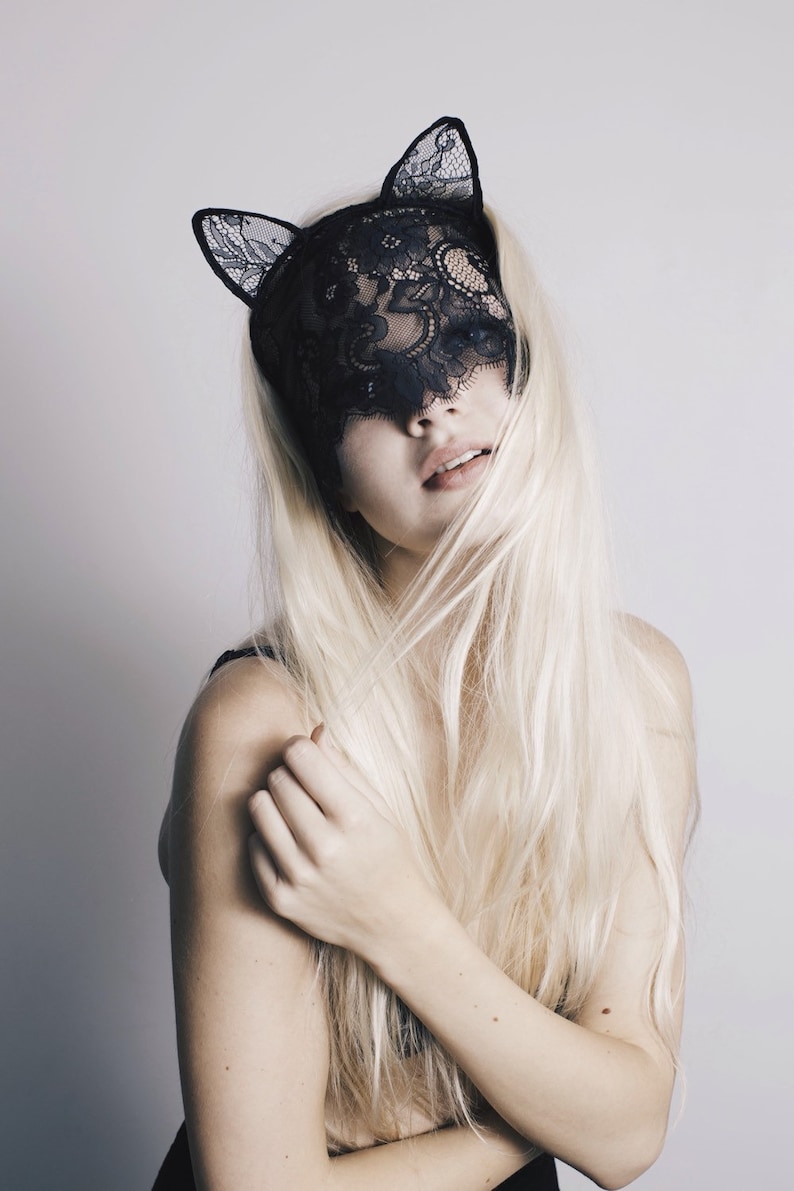 UNDER MY VEIL black lace cat mask with veil and ears image 4
