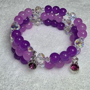 Purple wire wrap bracelet, violet beads, crystal charm, purple dainty cuff