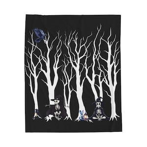 Gothic Velvet Throw Blanket: Skeleton Cats & Crow Halloween Decor
