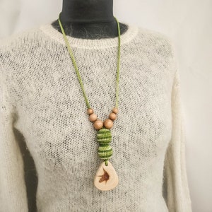 Wooden  Bead Necklace with Juniper Pendant in Green
