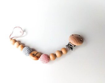 Personalised Pacifier Clip - Pacifier Holder with Engraved Name on Juniper Pendant