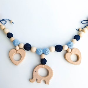 Stroller toy clip in blue - Wooden Elephant and Two Hearts