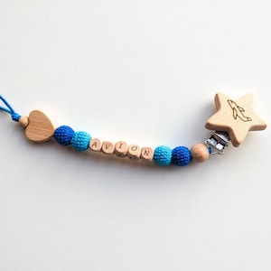Personalized Crochet Pacifier Holder with Star and Engraved Airplane