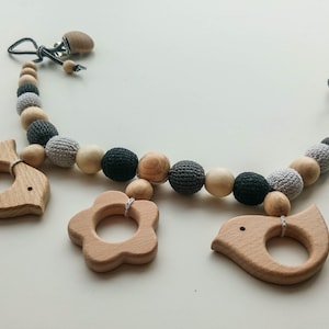 Newborn Unisex Accessories - Stroller Mobile Garland  in Grey for Baby Shower with Wooden Birds and Flower