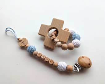 Personalised Baptism Souvenir - Wooden Cross Decorated with crochet and letter beads -Godparent Gift - Godparents Thank You Gift