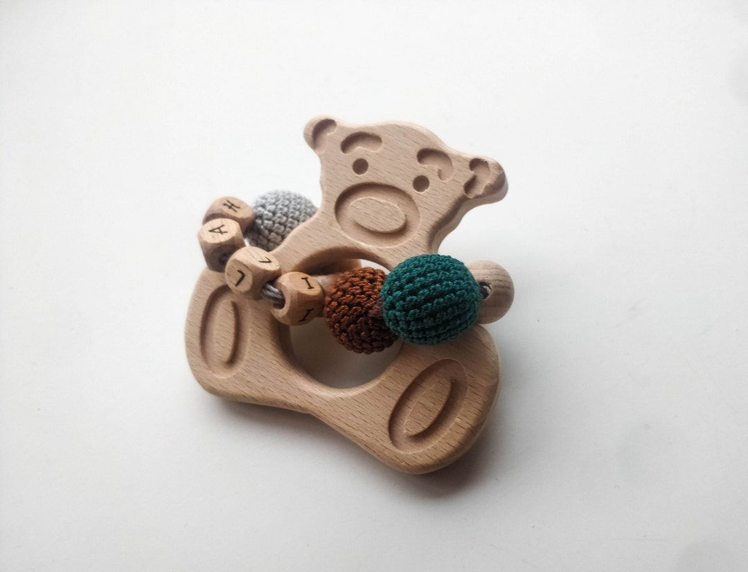 Face Bead Rattle Personalised Wooden Bear Toy - Baby Rattle With Crochet Beads - Etsy