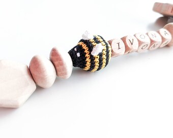 Personalized Pacifier Holder with Flower Clip and Crochet Bee