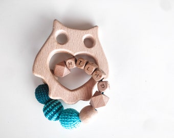 Personalised Baby Toy - Wooden Owl with Crochet Balls