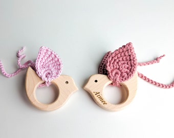 Custom Engraved Bird with Crochet Wings - Wooden Baby Toy Bird