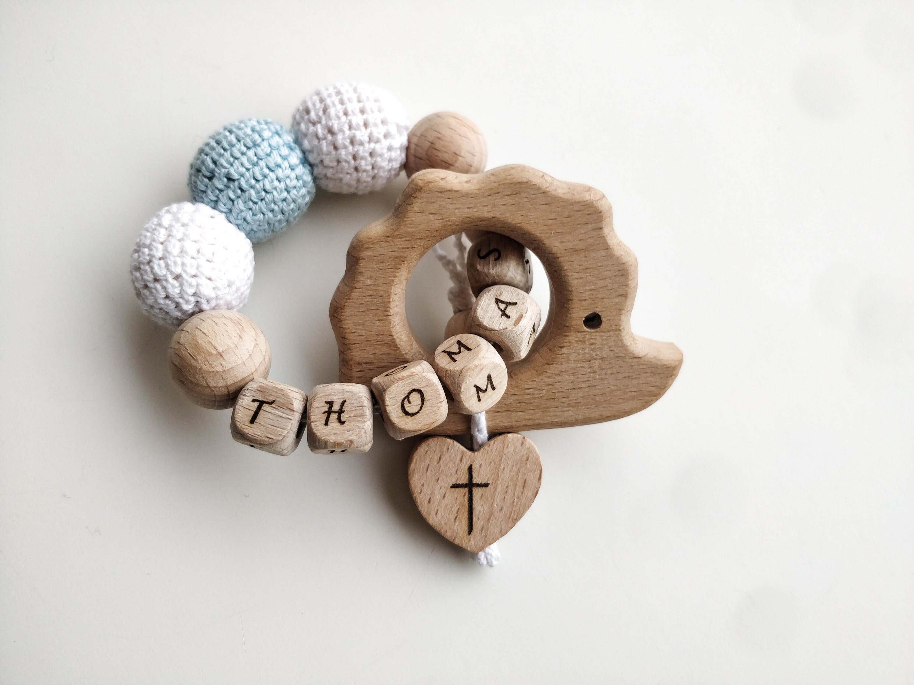 Personalised Baptism Souvenir - Wooden Hedgehog Decorated with crochet and letter beads -Godparent Gift -  Godparents Thank You Gift