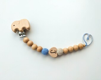 Personalized Crochet Pacifier Holder with Elephant - Choose Letter and Crochet Beads Colours