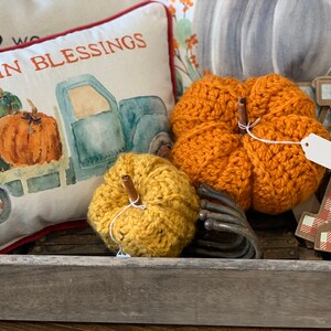 Puede incluir: Dos calabazas de crochet, una naranja y otra amarilla, con tallos de madera, sentadas en una bandeja de madera con una almohada que muestra un cami&oacute;n que lleva calabazas y el texto "Autumn Blessings".