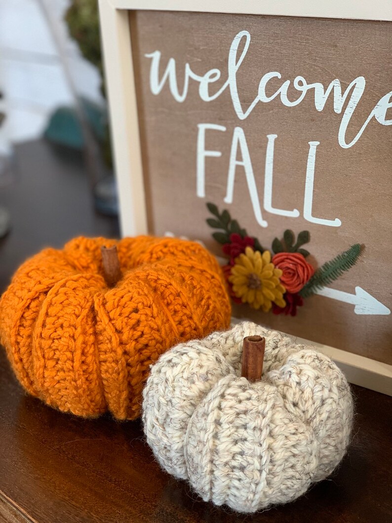 Puede incluir: Dos calabazas de crochet, una naranja y otra blanca, con tallos de canela. Las calabazas est&aacute;n sobre una superficie de madera delante de un cartel que dice "Bienvenido Oto&ntilde;o" con un dise&ntilde;o floral.