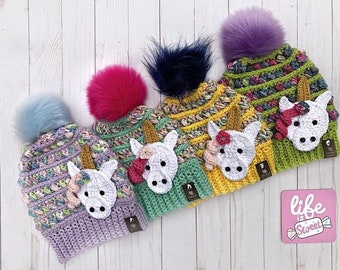 Gorro de unicornio de crochet: aplique personalizado, pompón de piel sintética