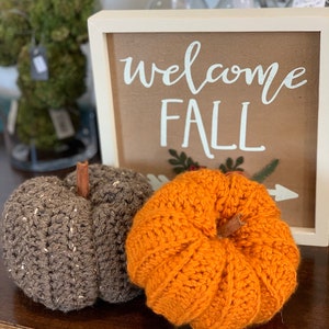Puede incluir: Dos calabazas de crochet, una marr&oacute;n y una naranja, con tallos de madera. Un letrero detr&aacute;s de las calabazas dice "Bienvenido Oto&ntilde;o".