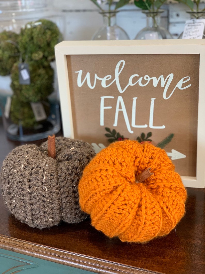 Puede incluir: Dos calabazas de crochet, una marr&oacute;n y una naranja, con tallos de madera. Un letrero detr&aacute;s de las calabazas dice "Bienvenido Oto&ntilde;o".