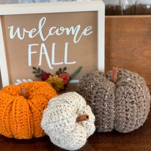 Puede incluir: Tres calabazas de crochet en naranja, marr&oacute;n y blanco con tallos de canela. Las calabazas est&aacute;n delante de una caja de madera y un cartel que dice "welcome fall".