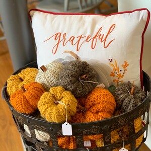 Puede incluir: Una cesta de metal llena de calabazas de crochet en varios colores, incluyendo naranja, amarillo, marr&oacute;n y crema. La cesta est&aacute; sentada en una mesa con una almohada blanca que dice "agradecido" en letras naranjas.
