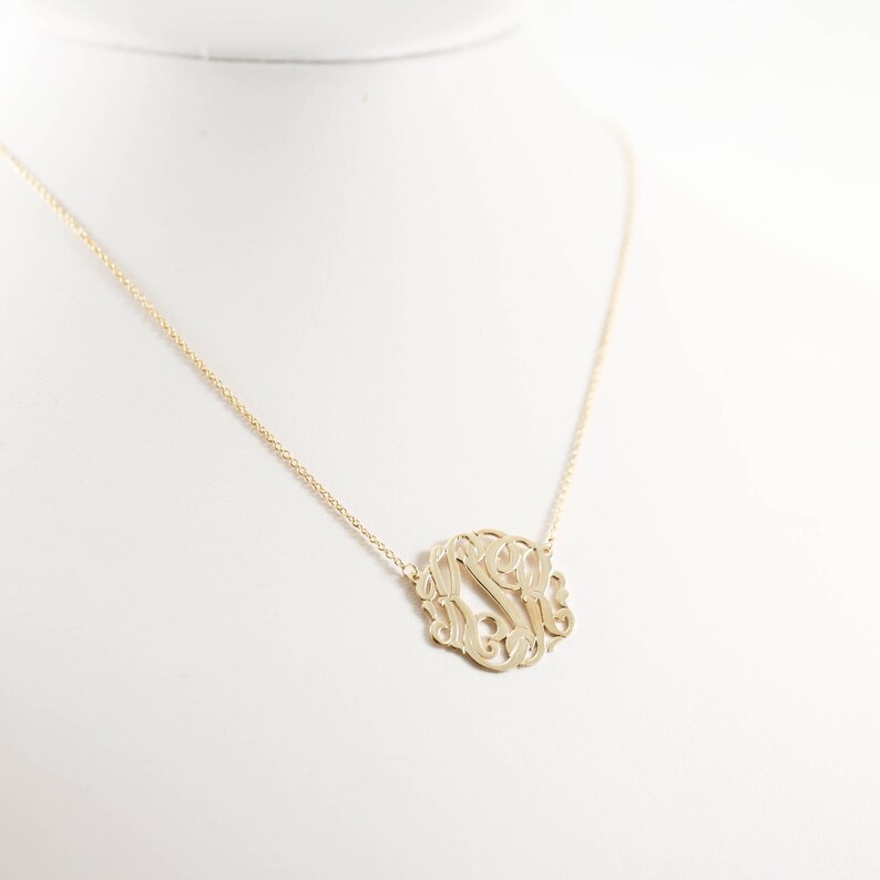14k Gold Sterling Silver Wedding Jewelry Small Triple Monogram Necklace Initial Necklace Name Necklace Vermeil