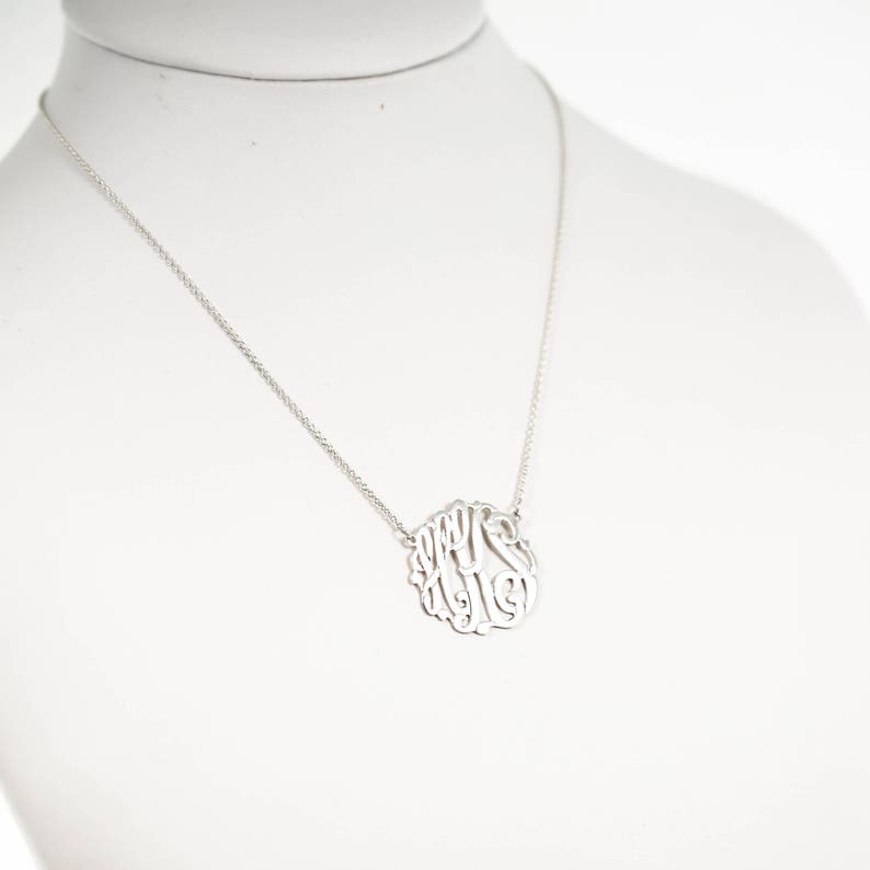 14k Gold Sterling Silver Wedding Jewelry Small Triple Monogram Necklace Initial Necklace Name Necklace Vermeil
