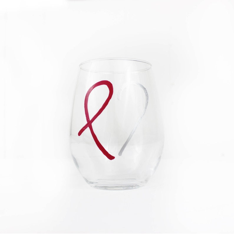 Pink Ribbon Wine Glass Painted Wine Glass Heart Etsy
