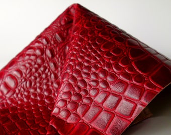 Leather Pieces Italian Croc Embossed 12 x 12 Uniform Cut 2.75 oz.- 3.25 oz. (1.1 mm-1.3 mm) Thick Red Earring Making, Craft Leather,