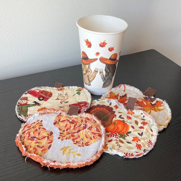 Fall Rag Quilt Coasters Mug Rug Coasters Autumn Pumpkin Fabric Coasters Set of 4 Quilted Coasters