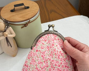 Floral Coin Purse: Pink Cotton Kiss Lock Clasp Wallet