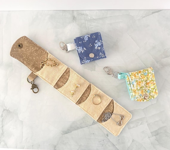 Jewelry Travel Organizer Roll Case Cotton Fabric Snap Closure Pouch Storage Accessory Holder Bag Compact Trip Essentials Bridesmaid Gift Gym