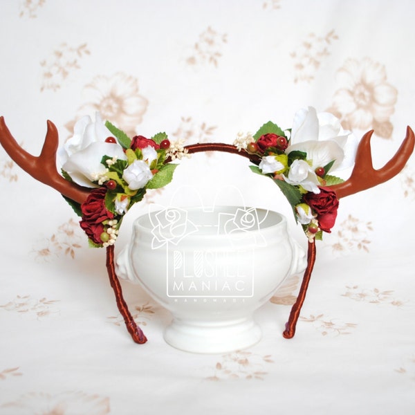 SALE Kawaii Antler Headband Lolita - red white flower crown roses headdress xmas christmas headband headpiece party costume