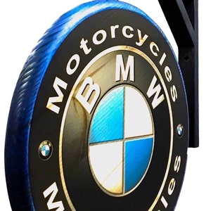 BMW Motorcycle Double Sided 15 Inch Diameter Wooden Sign - Includes Hardwood Hanging Bracket and Hardware - Indoor Use Only