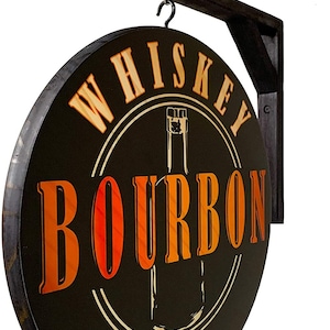 Bourbon Whiskey Bar Pub Sign - 15" diameter - Includes Wooden Wall Hanging Bracket