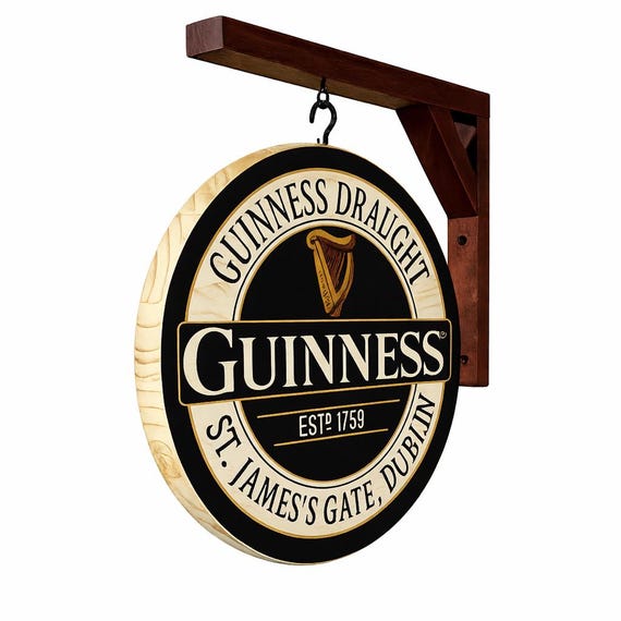 Irish Pub Hanging Sign – Double-Sided Round Bar Sign with Wooden Bracket – Classic Dublin-Style Home Bar Decor - 12 in. Diameter Wooden Sign
