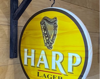 Harp Lager Double-Sided Pub Sign  - 12 inch diameter, includes wooden wall hanging bracket