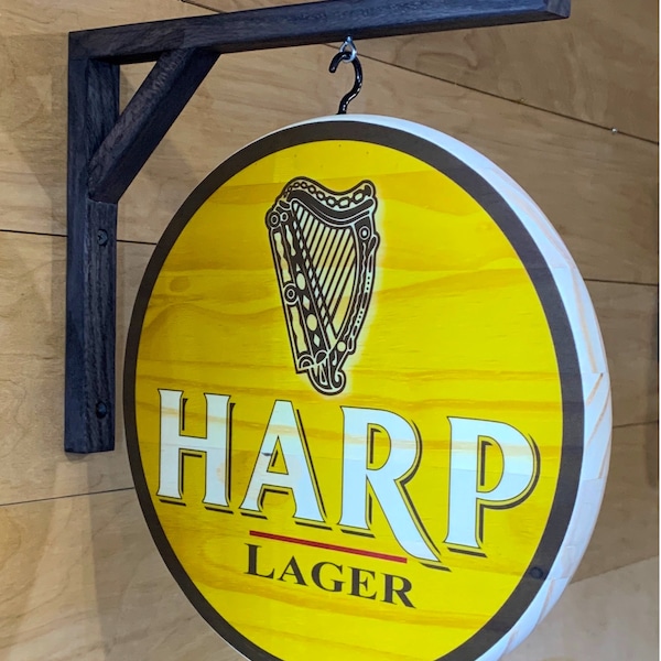 Harp Lager Double-Sided Pub Sign  - 12 inch diameter, includes wooden wall hanging bracket