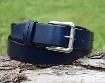 Christopher Piero Handmade Full Grain Navy Blue Leather Belt fitted with Antique Nickel Roller Buckle