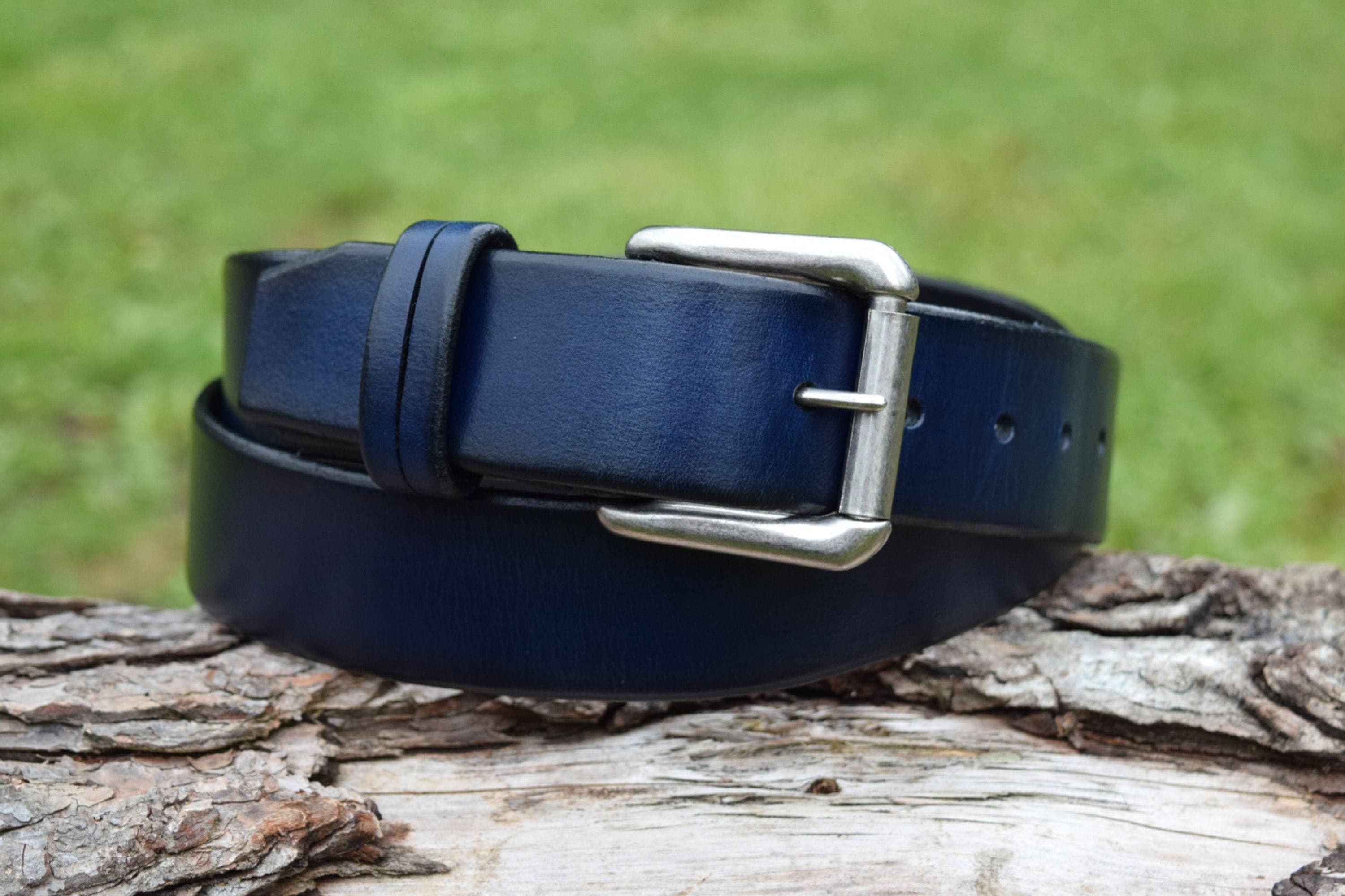 Blue leather belt.