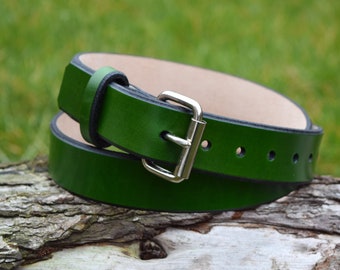 Christopher Piero Handmade Green Leather Belt fitted with Nickel Plated Buckle