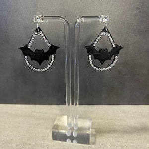 3D Rhinestone Teardrop Bat Earrings - Bat Earrings - Rhinestone Dangle Earrings - Black Bat Earrings - 3D Printed Earrings