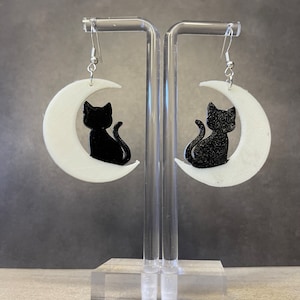 3D Glow-In-The-Dark Black Cat and Moon Earrings - Black Cat Earrings - Dangle Earrings - Moon Earrings - Glow Earrings - 3D Printed Earrings
