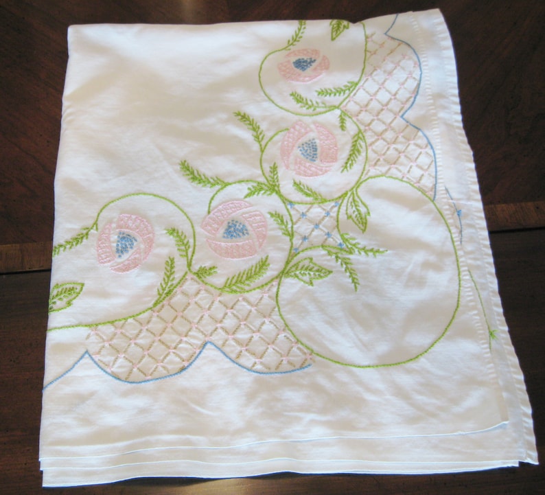 in very good cond. hand embroidery,needlework,hand made of the best cotton fabric and yarn Tablecloth 60 x 55 vintage,decorative