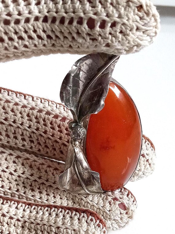 Pendant Baltic Amber Silver grape and grape leaves 55mm Lx30mm W, vintage, unused View 3
