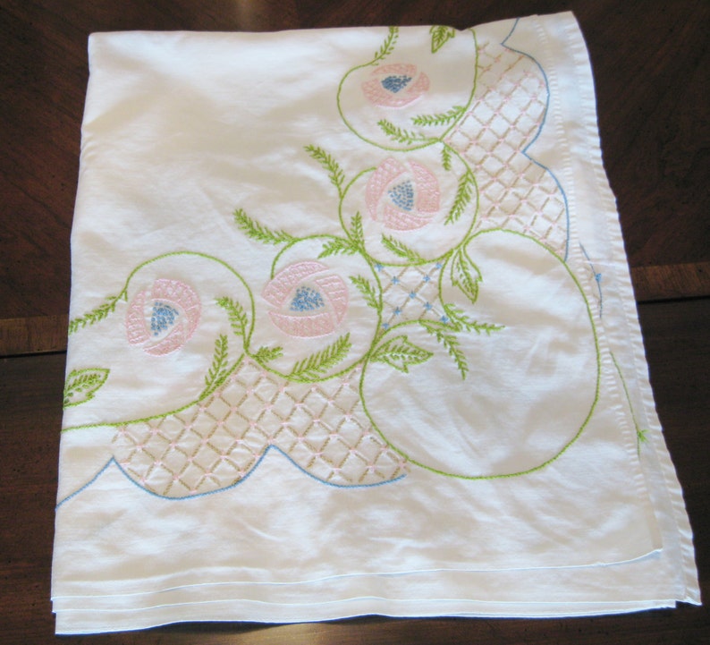 in very good cond. hand embroidery,needlework,hand made of the best cotton fabric and yarn Tablecloth 60 x 55 vintage,decorative